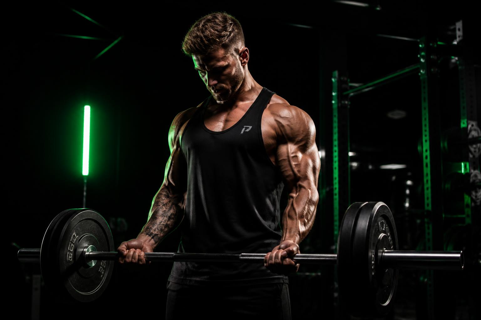 Homem treinando com barra em academia com iluminação verde
