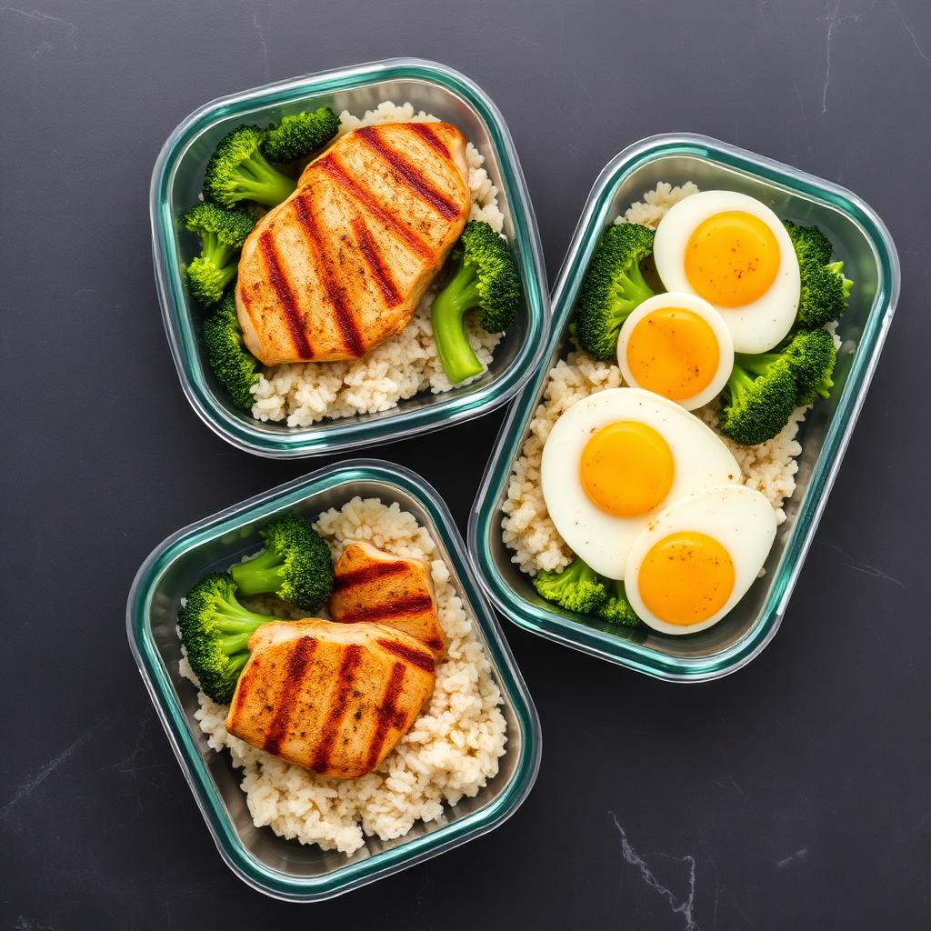 Marmitas fitness com frango, arroz, brócolis e ovos